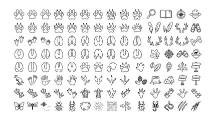 動物の足跡と自然の要素を網羅した線画アイコンセット、野生動物の追跡、アウトドアアドベンチャー、環境保護プロジェクトに最適なベクター素材 © Faizan