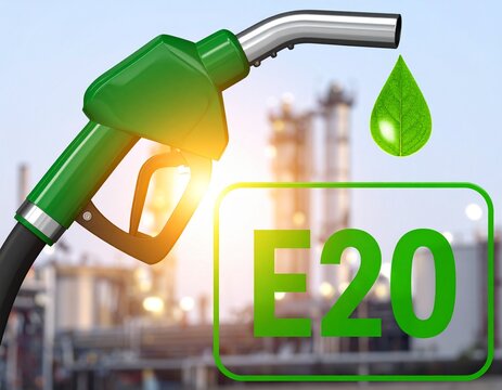 E20 ethanol-blended fuel, green and blue branding,