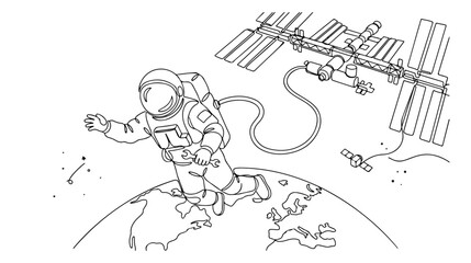 Obraz premium 宇宙飛行士と国際宇宙ステーション、地球を背景にした線画イラスト。宇宙探査、科学技術、未来の宇宙旅行を象徴するベクターアート。