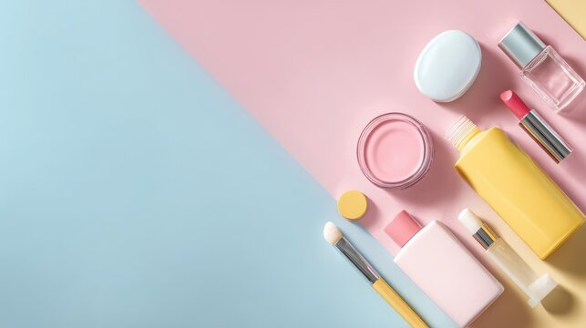 Flat lay of cosmetic products and makeup accessories arranged on a pastel pink and blue background. Beauty, skincare, and fashion concept with blank copy space.