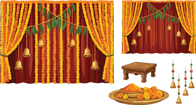 Traditional Indian wedding decoration stage vector backdrop set with marigold flower garlands hanging brass bells curtains and haldi platterTraditional Indian wedding decoration stage 