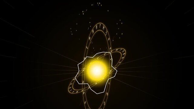 Abstract glowing atom nucleus with orbiting rings and particles, futuristic science concept animation