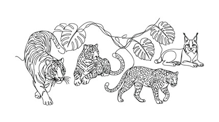 Majestic big cat vector illustrations, a collection of wild feline animals including tigers, a lynx, and a leopard, with tropical jungle leaves and vines © Joe