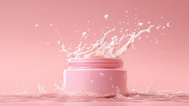 Dynamic water splash around a glass jar of pink cosmetic face cream. Creative product photography of moisturizing skincare cream on a light blue wet background.