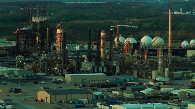 Petroleum refinery in Illinois at golden hour, steam rising from distillation towers and flare stacks across a vast Midwest industrial landscape at dusk.