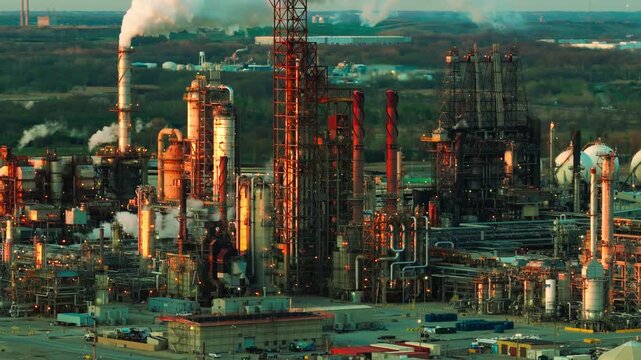 An enormous oil refinery anchors America's industrial heartland, its towers and pipes sprawling across the Illinois Midwest, symbolizing heavy manufacturing and blue collar energy production.