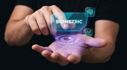 Obraz premium Man Presents Glowing Biometric Interface in Open Hand to Display Fingerprint Scan, Verify Brain Intelligence, Monitor Data Growth, Confirm Identity Access, and Protect Personal Profile