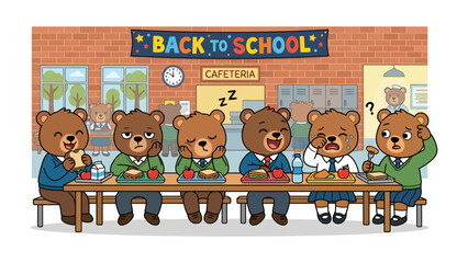Bear Cub Cafeteria Chaos: A whimsical illustration depicts a group of adorable bear cubs experiencing the rollercoaster of emotions on the first day of school. © Karima
