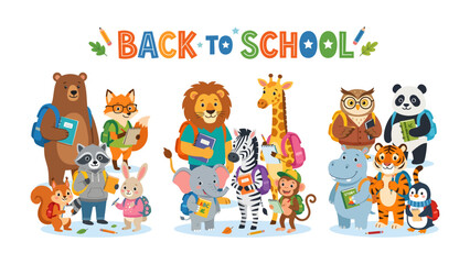 Fototapeta premium Back to School Animal Parade: A delightful assortment of anthropomorphic animals, including a bear, fox, lion, giraffe, owl, panda, squirrel, raccoon, rabbit, elephant, zebra, monkey, hippopotamus.