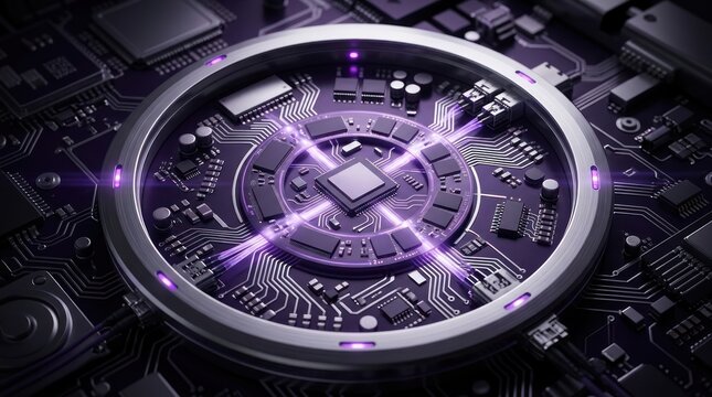 Close up of a central processing unit with glowing lights and circuits