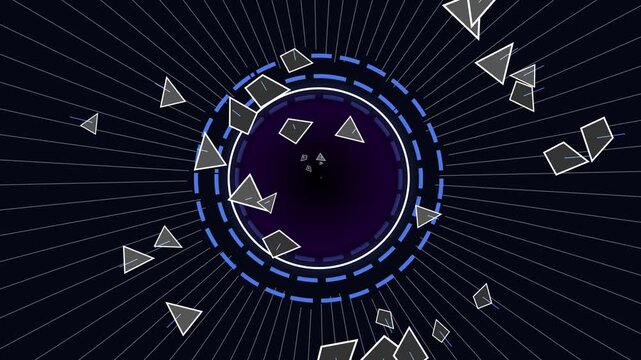 Abstract glowing purple and blue energy vortex with shattering particles and radiating lines on a dark background