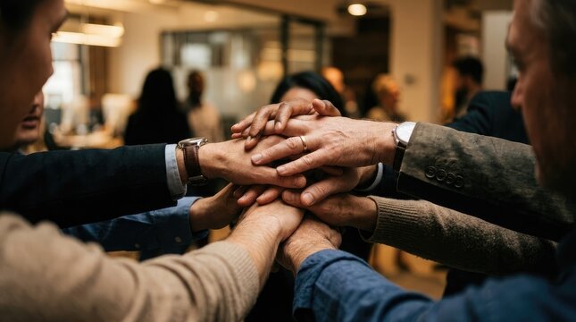 Celebrating friendship day diverse hands united in a team huddle for collaboration and support