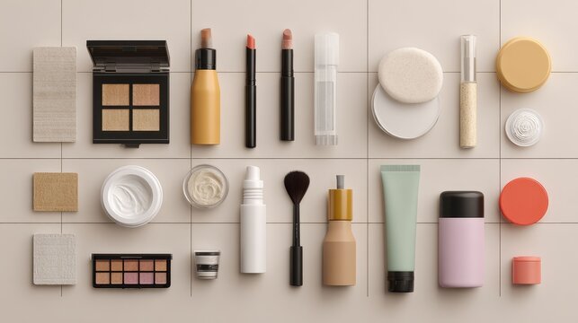 Minimalist flat lay composition of various cosmetic and makeup products neatly arranged on a beige tiled surface. The collection includes eyeshadow palettes, lipsticks, foundations, creams, beauty ble