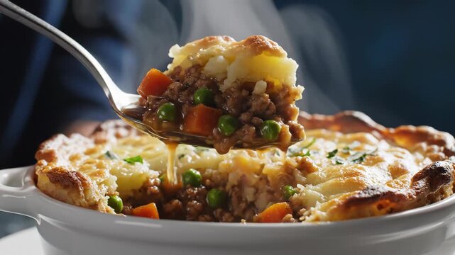 Close-up of a steaming shepherd's pie in a white ceramic bowl with a metal serving spoon lifting a portion, showing minced meat, peas, carrots, and golden mashed potato topping.
