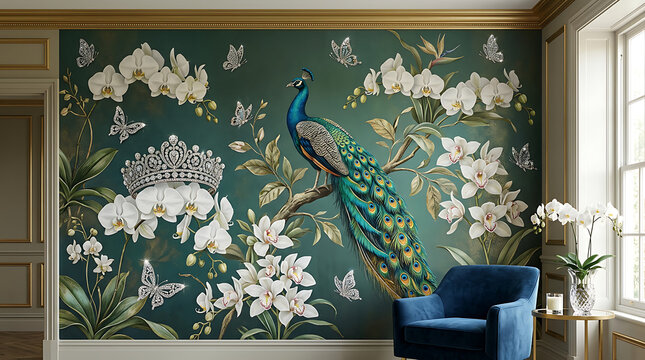 A white peacock standing under a beautiful floral archway in a luxurious room with gold accents and white flowers