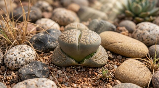 Rare Lithops Living Stone Succulents Resembling Pebbles in Natural Rocky Habitat