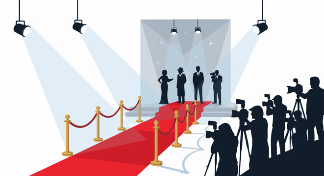 A red carpet with golden stanchions and a crowd of people on a white background