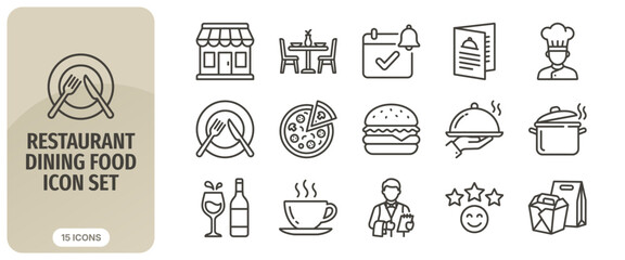 Restaurant and dining food icon set, thin line style, collection of 15 vector icons including chef, menu, burger, pizza, waiter, and takeaway food © Abir Creative Studio