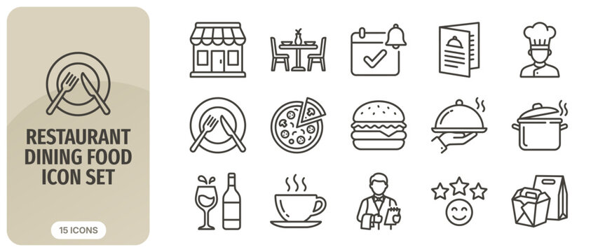 Restaurant and dining food icon set, thin line style, collection of 15 vector icons including chef, menu, burger, pizza, waiter, and takeaway food