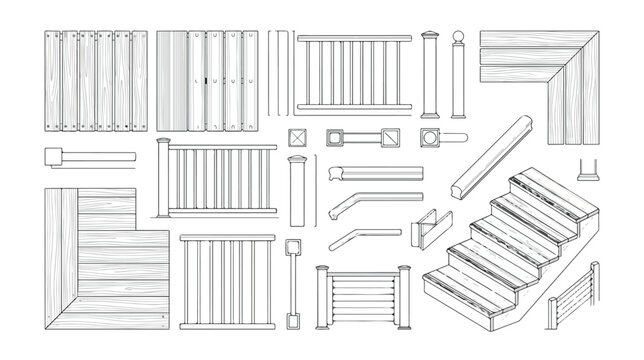 Architectural deck construction kit vector, wooden patio railing and stairs line art, outdoor terrace building elements set for blueprints