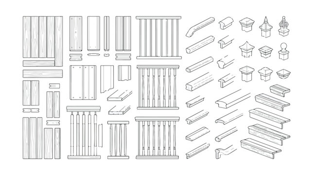 Architectural deck railing components vector set, wooden fence balusters and handrail profiles, construction parts for porch and patio design