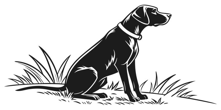 Pointer dog sitting in the grass black and white illustration with pet care dog breed dog training four legged pet shop hunting dog silhouette illustration isolated companion domestic