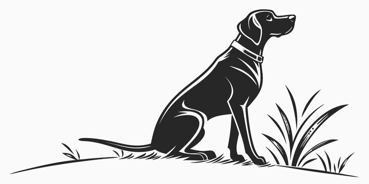Minimalist silhouette of a pointer dog resting in grass with pet care dog breed dog training four legged pet shop hunting dog silhouette illustration isolated companion domestic obedient