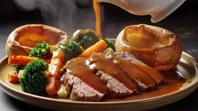 Pouring rich brown gravy from a white sauce boat onto sliced roast beef, served with large Yorkshire puddings, steamed broccoli, and glazed carrots on a plate with visible steam.