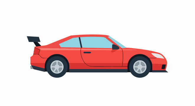 A red sports car with black tires and spoiler