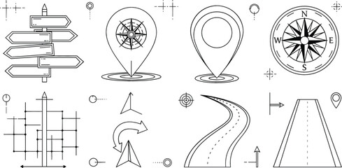 Travel navigation route line icon set with road way directional wooden signpost location pins and vintage wind rose compass © vector design 