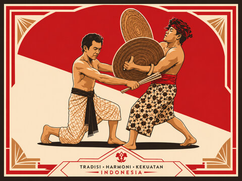 Peresean Lombok Traditional Stick Fighting Vector Poster, Indonesian Martial Arts Heritage Illustration with Red White Flag