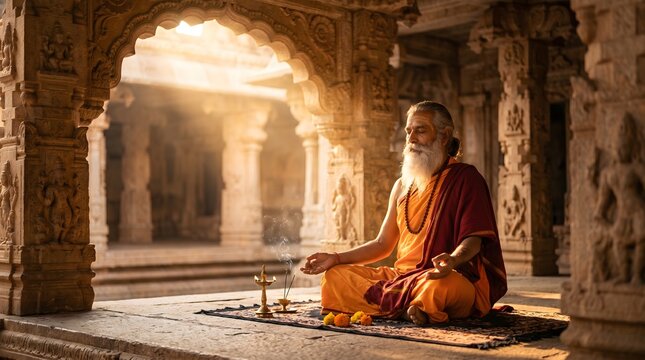 Indian Sadhu Meditating in Ancient Temple at Golden Hour