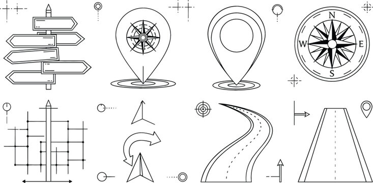 Travel navigation route line icon set with road way directional wooden signpost location pins and vintage wind rose compass