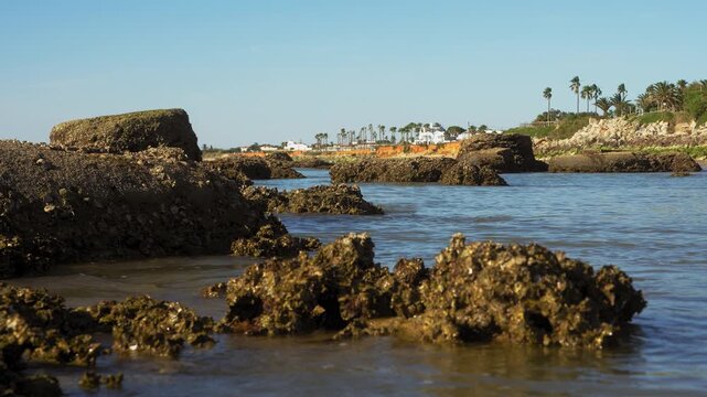 Ocean rocks at Playa Micaela near Chipiona, Cadiz, Spain