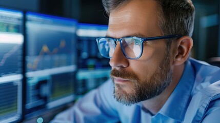 Fototapeta premium Focused Business Professional Analyzing Data on Multiple Computer Screens in Modern Office Space