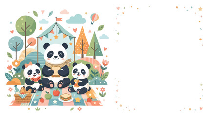 A cute panda family enjoys an outdoor picnic on a blanket with snacks and a tent, accompanied by a decorative frame for custom text. © Regina