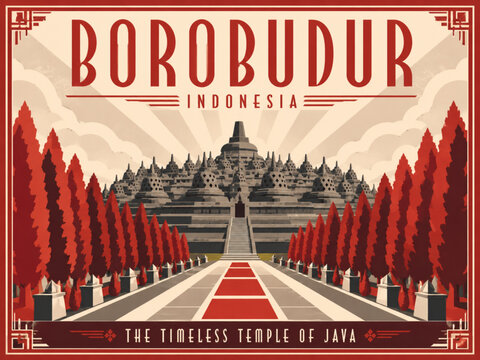Borobudur Temple Indonesia Vector Poster, Ancient Buddhist Landmark Travel Illustration with Javanese Heritage Design