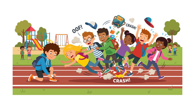 Chaos on the Playground: A group of energetic children narrowly avoids a collision on a running track during recess, with one child falling as others rush past.