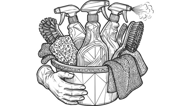 Gloved hand holding a bucket of cleaning supplies for professional housekeeping and janitor tasks with a sanitization spray bottle and scrub tools