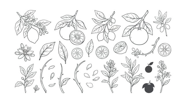 Vintage botanical citrus fruit line art collection, hand drawn lemon and orange sketches, floral branch and leaf vector set for organic packaging