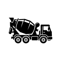 Fototapeta premium A black concrete mixer truck icon representing heavy construction machinery and industrial building equipment in a flat vector silhouette style.