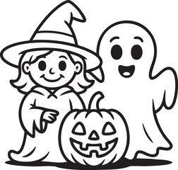 Obraz premium Cartoon Line Art Illustration Of A Witch Ghost And Jack o lantern On White Background pumpkin