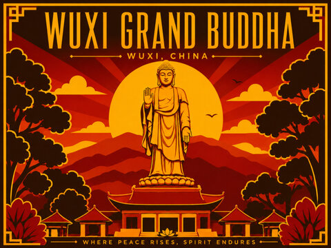 Wuxi Grand Buddha China Vector Poster, Lingshan Buddhist Landmark Travel Illustration with Temple and Sunset Landscape