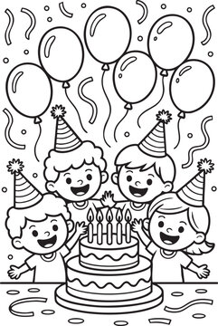 Children Celebrating With Birthday Cake And Balloons Black And White Line Art Illustration kids youth party