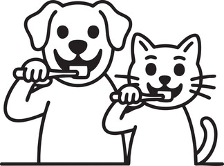 Fototapeta premium Line drawing of a dog and cat brushing their teeth black and white illustration animal canine