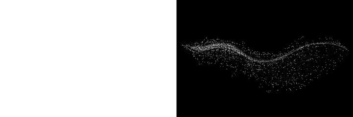 Obraz premium Elegant white glitter wave on black background with sparkling particle trail, luxury shimmer effect and festive abstract dust swirl design.PNG image of Swirling white glitter dust.