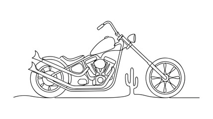 Continuous line drawing of a classic chopper motorcycle, vintage custom bike, single line art vector illustration, ideal for retro design, branding, and apparel. © Joe