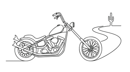 Continuous line drawing of a classic chopper motorcycle, a single line art illustration of a custom motorbike, perfect for minimalist design and biker culture projects. © Joe