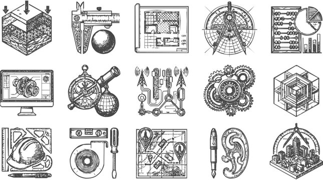 Comprehensive Set of Hand-Drawn Engineering and Architecture Icons Featuring Detailed Blueprint Designs, Construction Tools, and Technical Gear