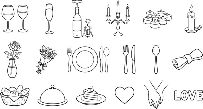 Romantic dinner setup flat line drawing icons